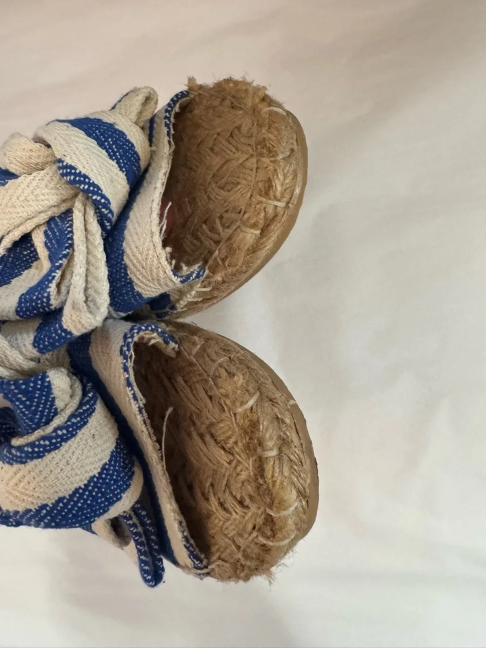 Ethan Valdes Barcelona blue cream striped knotted espadrille slide sandals 7